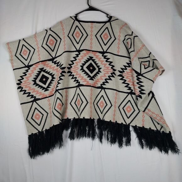 Boho Aztec Print Poncho Sweater by Melrose and Market, One Size, V-Neck Fringe - Picture 2 of 7